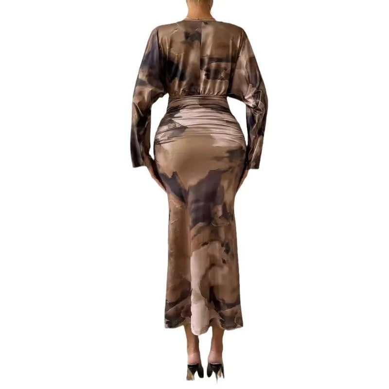 V-Neck Pleated Dress Long Sleeve — Cocoa Brown | KIMLUD
