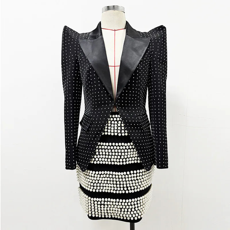 Beaded Blazer Striped Matching Sets — Black | KIMLUD