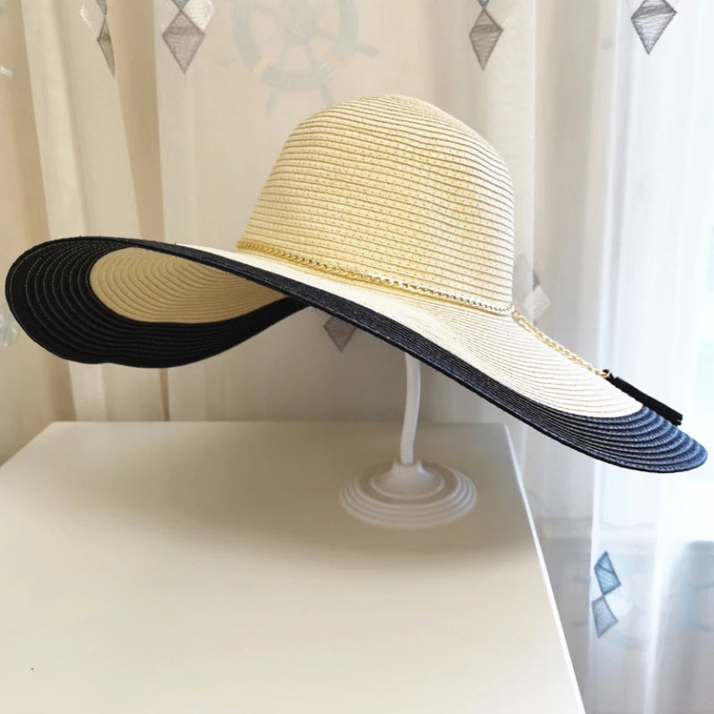 HT3547 Summer Hat Women Large Wide Brim Beach Hat Lady Patchwork Packable Straw Hat Female Fashion Anti-UV Beach Cap Panama Hat