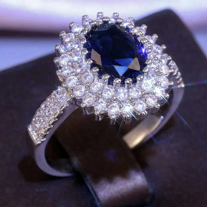 KIMLUD, CAOSHI Luxury Blue Crystal Stone Rings with Tiny Flower Cubic Zirconia Pretty Women's Jewelry Elegant Engagement Accessories, KIMLUD Womens Clothes
