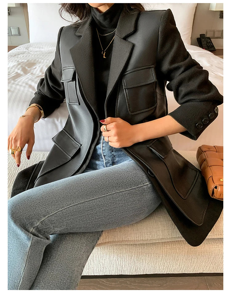 Patchwork Leather Jacket – Pockets – Faux Leather PU – Black | KIMLUD