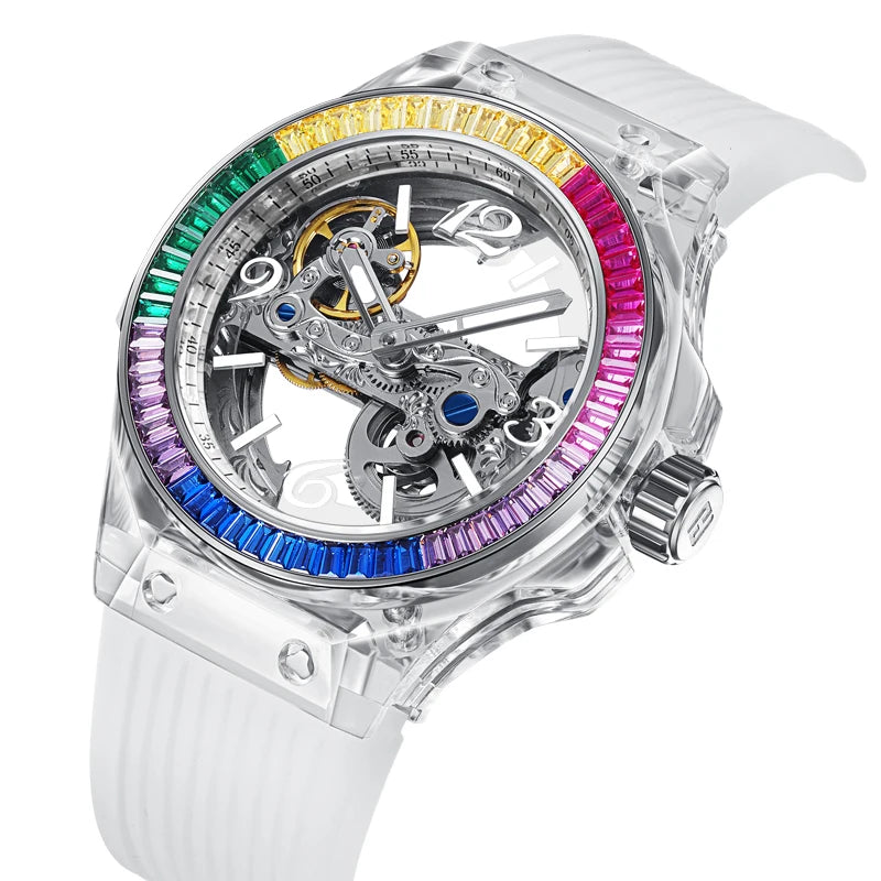 Stainless Steel Skeleton Mechanical Watch — Black | KIMLUD