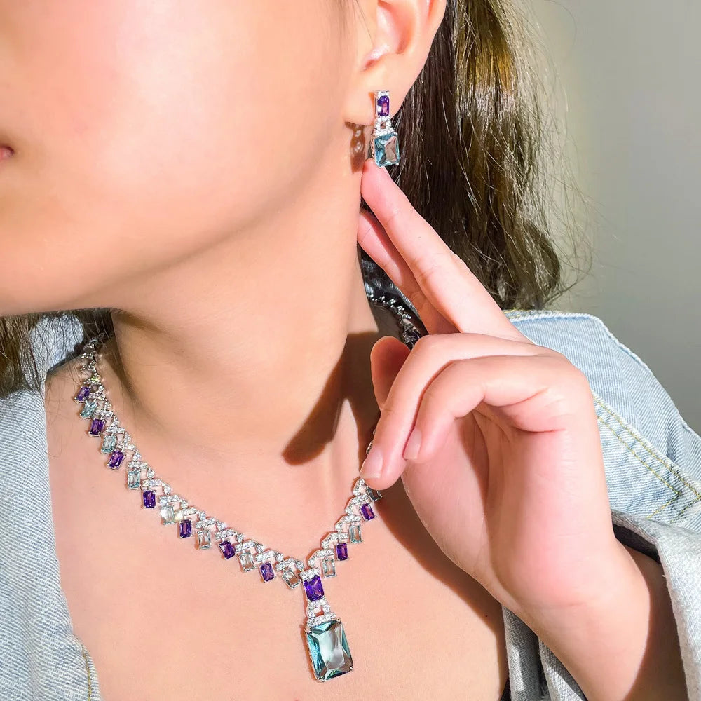 Necklaces – Water Drop Dangle – Cubic Zirconia – Purple Blue | KIMLUD