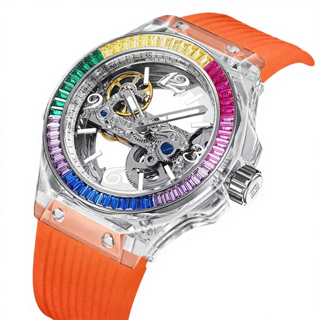 Stainless Steel Skeleton Mechanical Watch — Black | KIMLUD