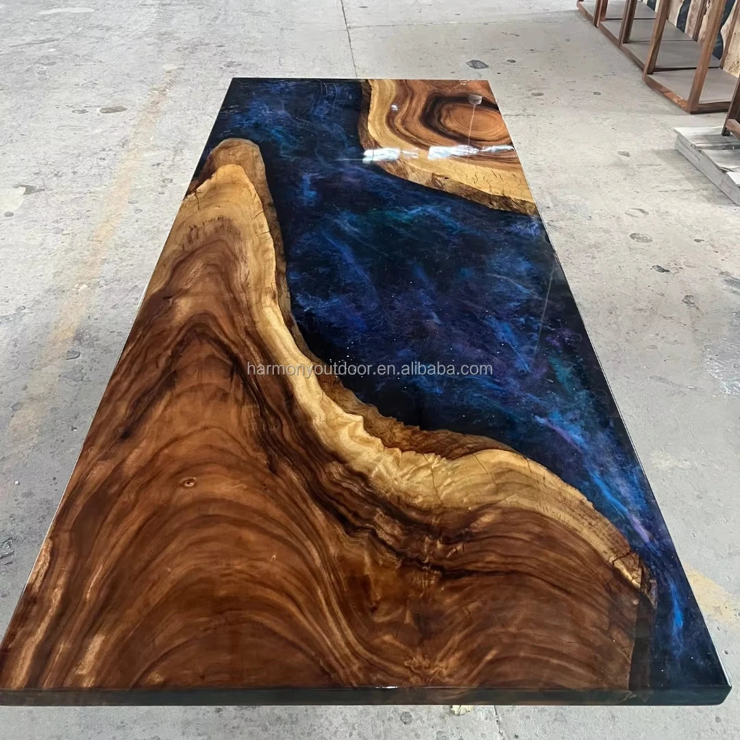 Solid Walnut Dining Table With Epoxy River Slab And Hand-Finished Edges — Deep Walnut | KIMLUD