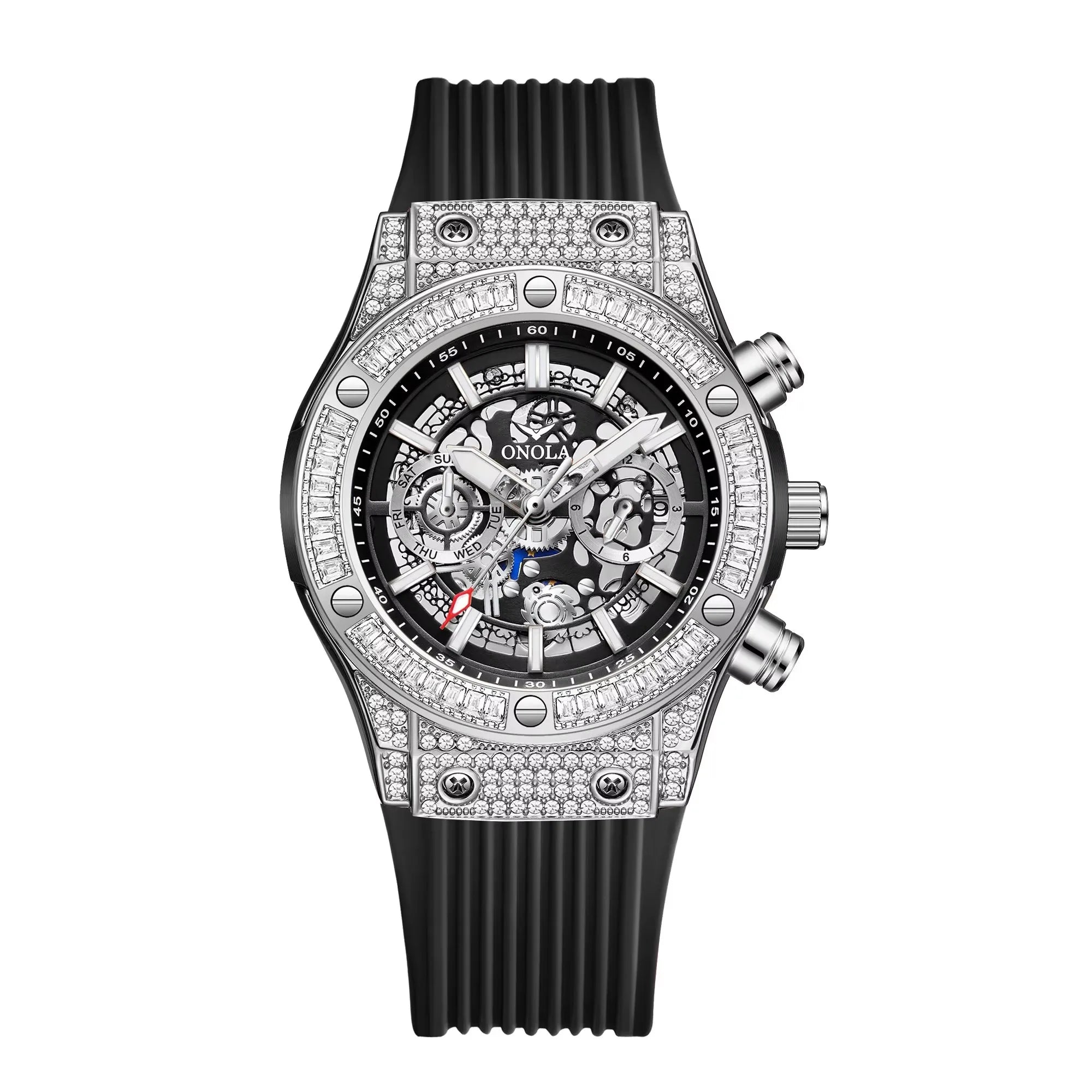 Diamond Dial Silicone Strap Automatic Watch — Black | KIMLUD