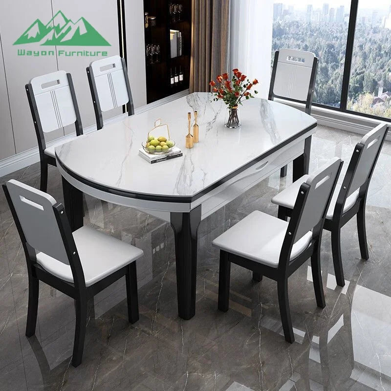 Solid Wood Dining Table Set Marble Top — Gray | KIMLUD