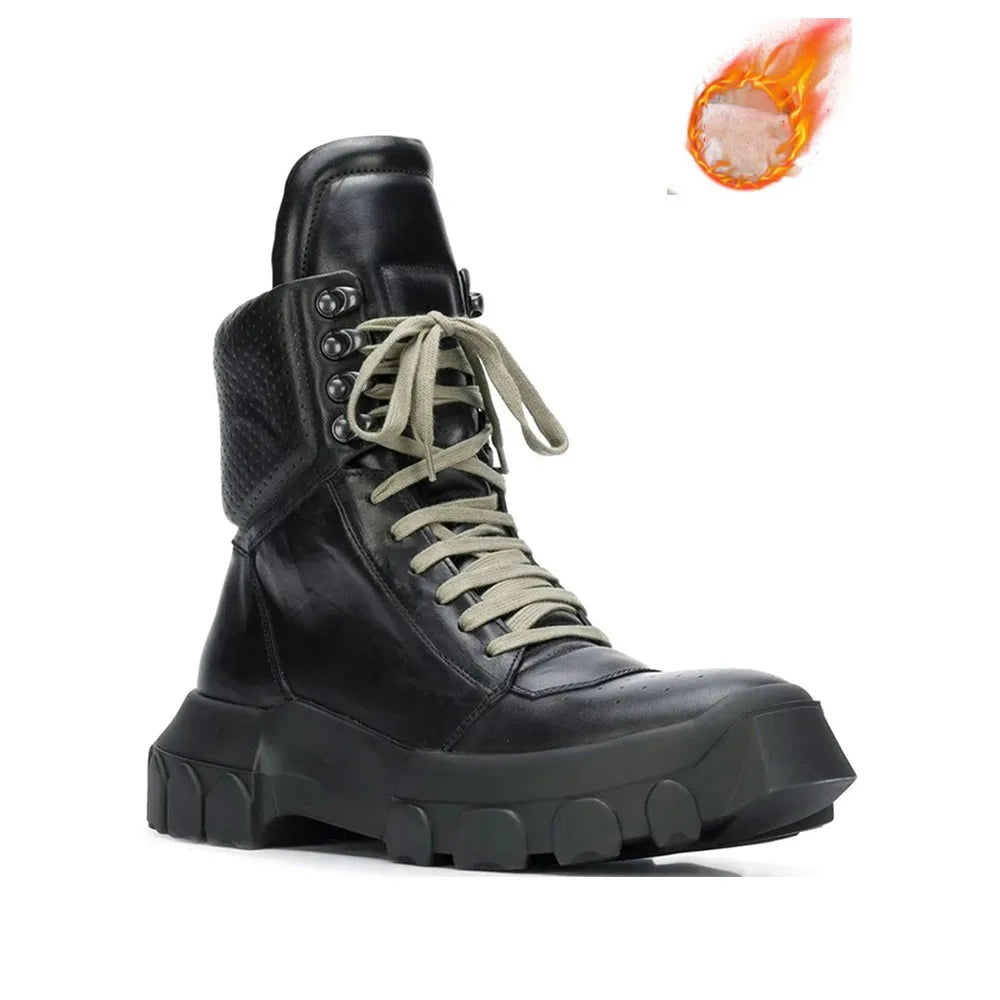 Punk Winter Men Lace Up Tactical Platform Ankle Boots Med Heels Platform Work Safety Shoes Army Genuine Leather Boots Homme