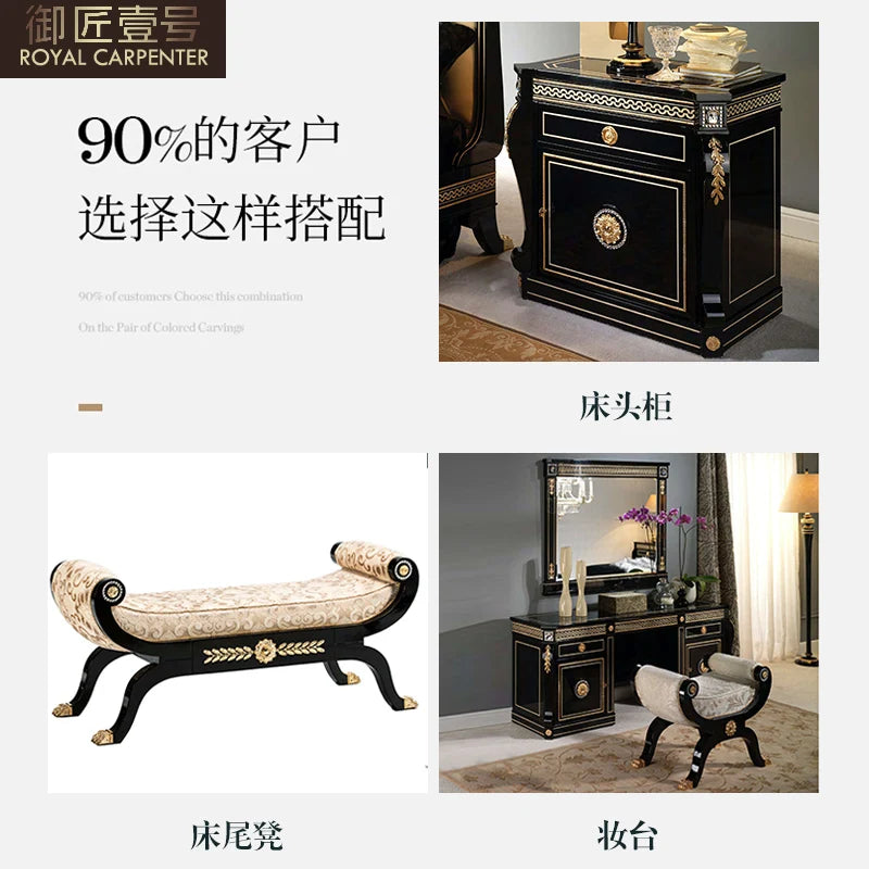 European Style Solid Wood 1.8m Double Bed Carved Princess Design Leather Bed for Master Bedroom Genuine Leather Soft Wedding Bed