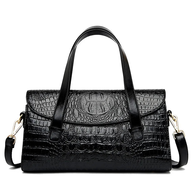 PU Leather Top-Handle Tote Alligator Crossbody — Black | KIMLUD