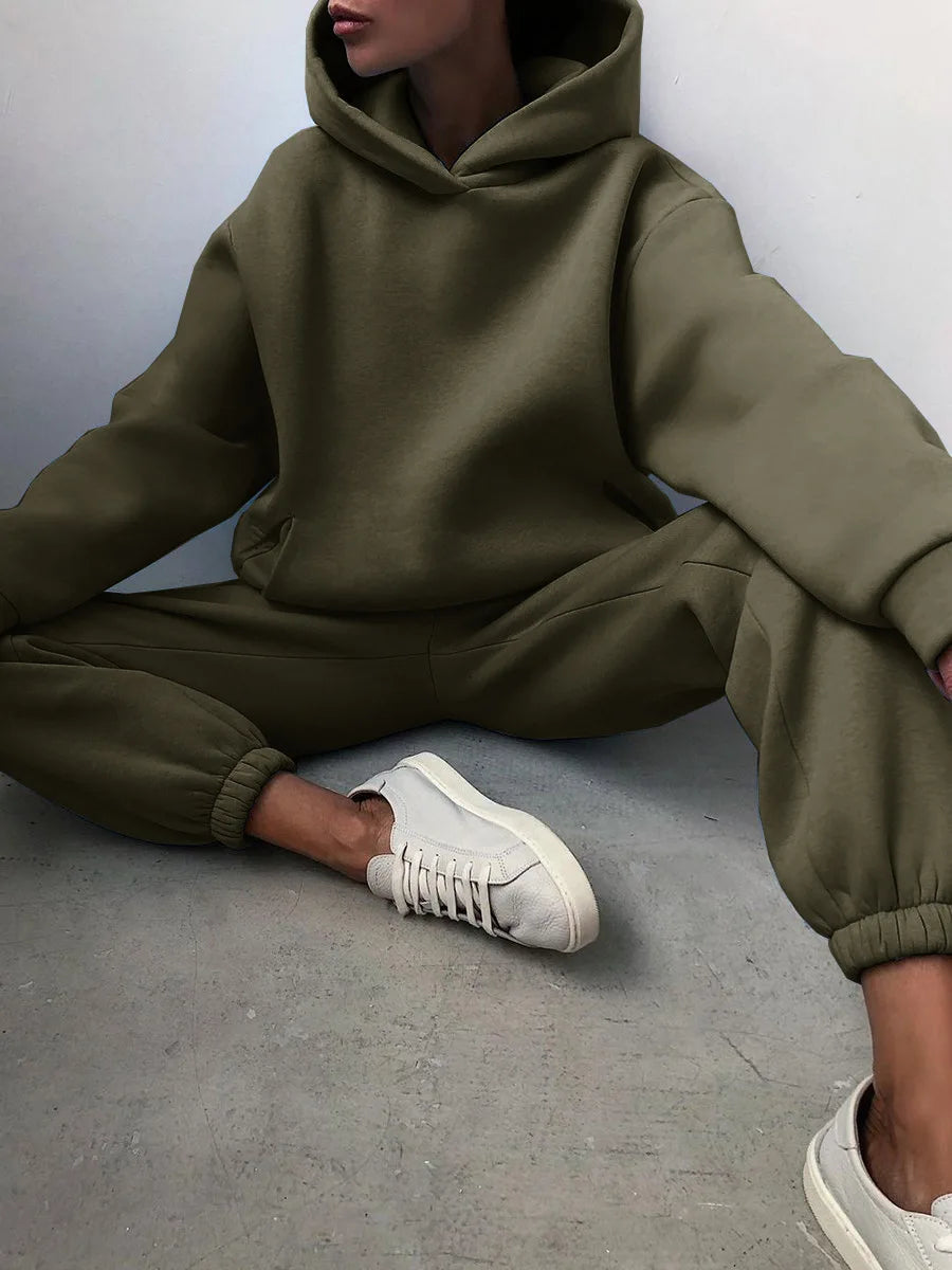 Fleece Hooded Tracksuit Two-Piece Set — Teal | KIMLUD