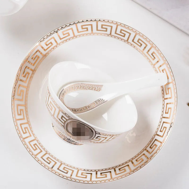 Bone China Dinnerware Set Minimalist Geometric Rim — Gold and White | KIMLUD
