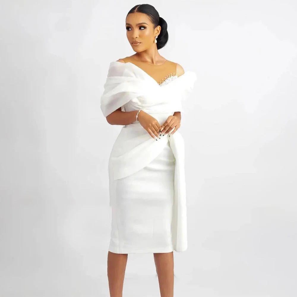 Off-Shoulder Sheath Bridal Gown Beaded Appliques Lace — White | KIMLUD