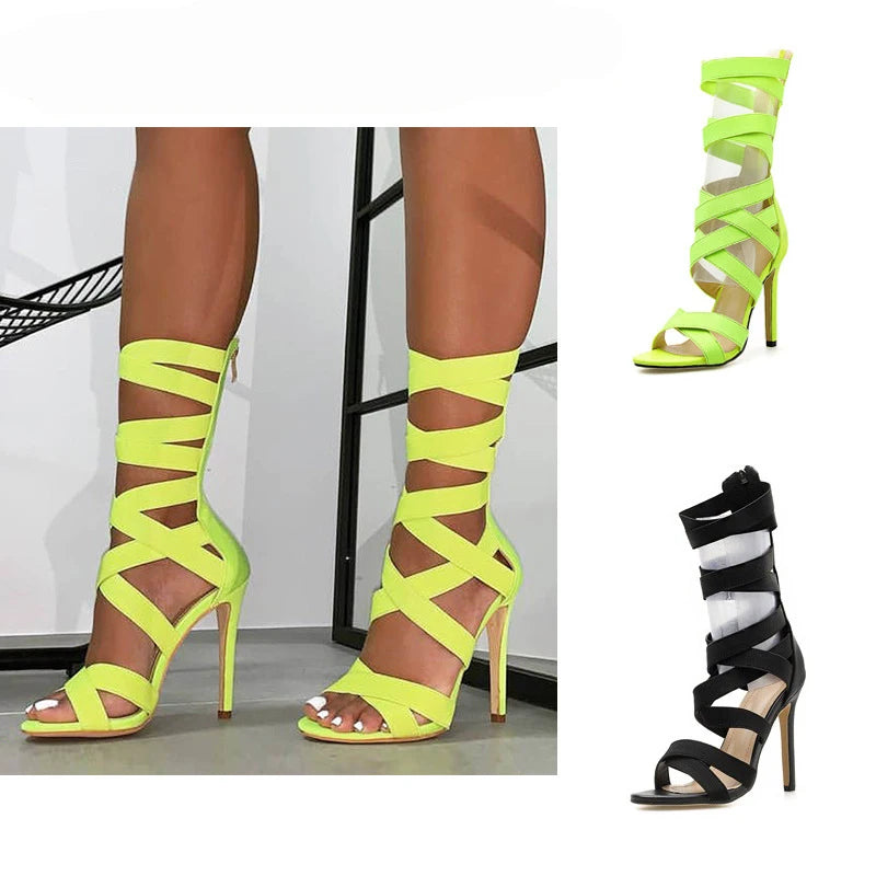 Elastic Cross Cutout High Heel Sandals Zipper — Black | KIMLUD