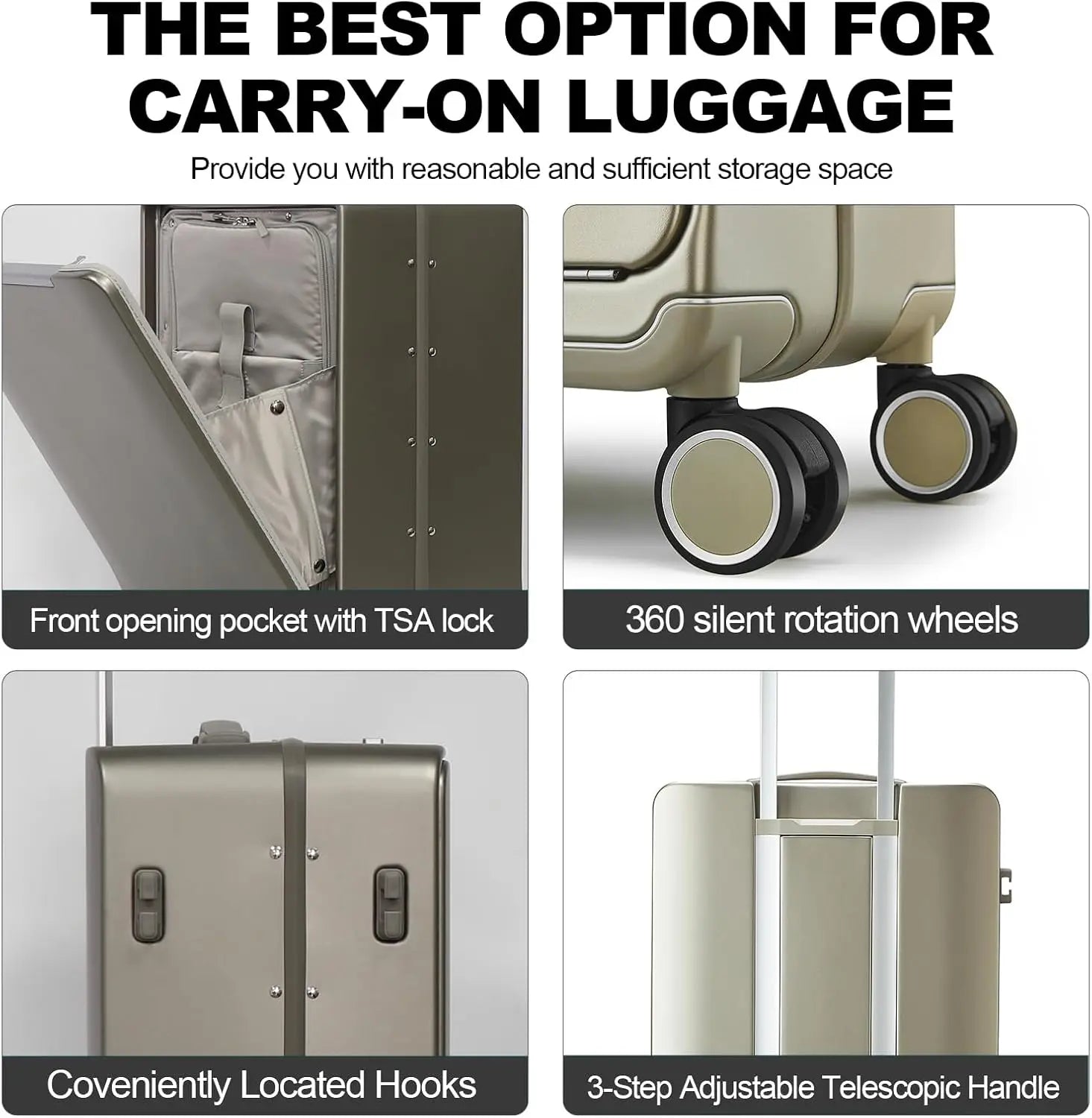 Polycarbonate Carry-On Luggage Front-Opening 20-Inch Lightweight TSA Lock — Grey | KIMLUD