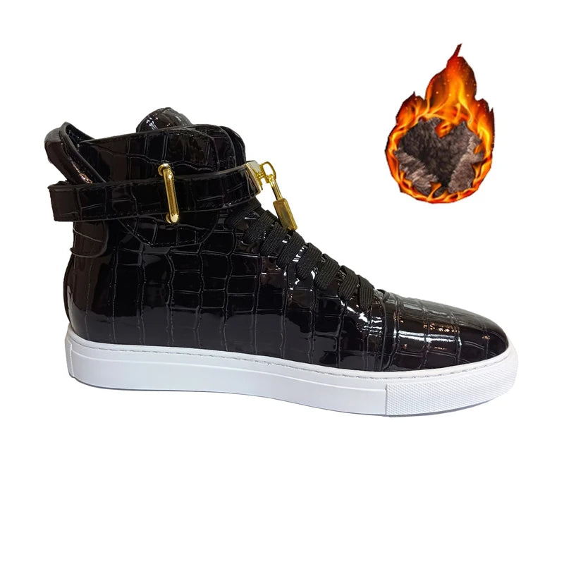 High Top Sneakers – Gold Buckle – Crocodile Pattern Leather | KIMLUD