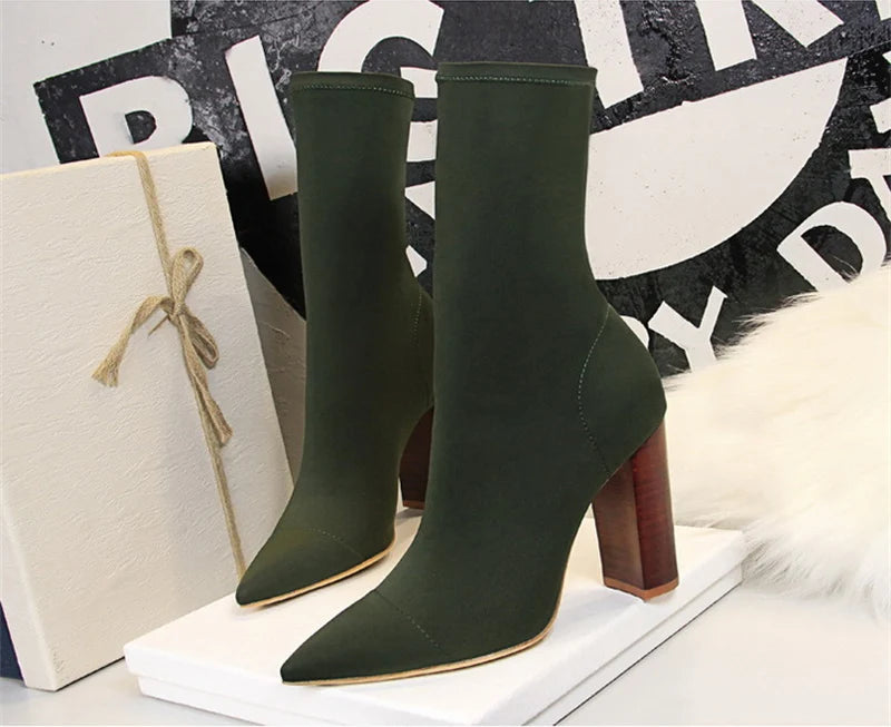 Ankle Boots – Stretch Sock Boot – 8cm Square Heel – Women | KIMLUD