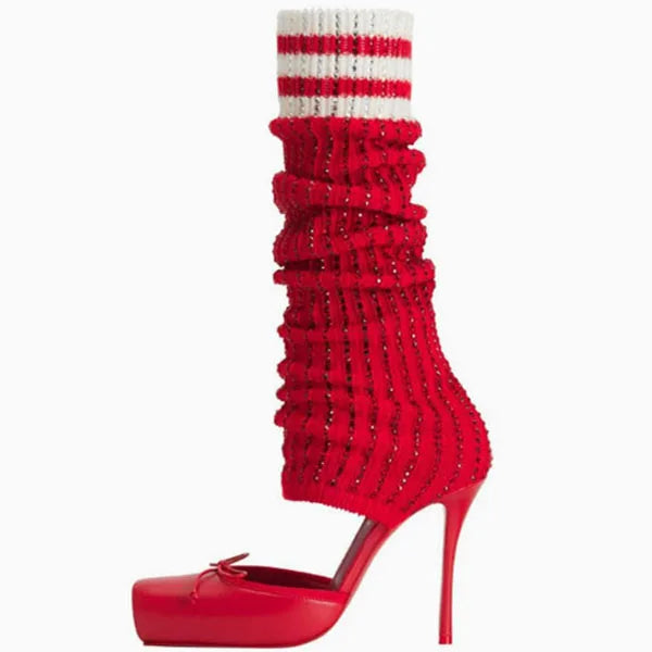 Diamond-Knit Upper Knee-High Boots With Bow — Black | KIMLUD