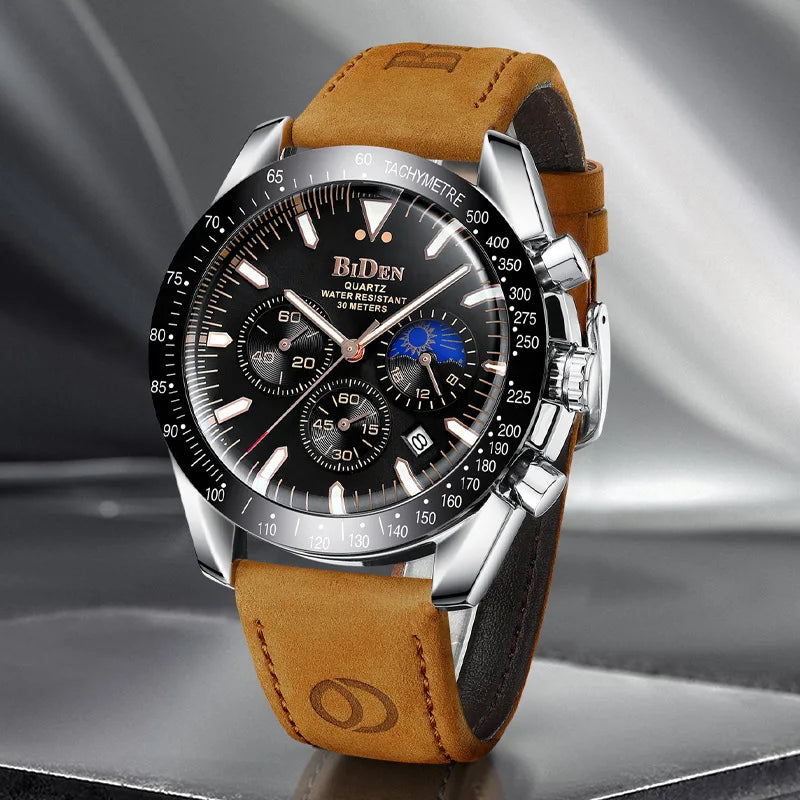 Leather Chronograph Watch Moon Phase — Black | KIMLUD