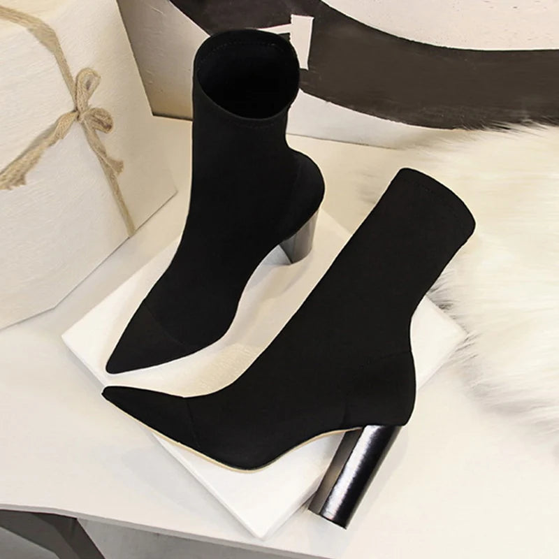 Ankle Boots – Stretch Sock Boot – 8cm Square Heel – Women | KIMLUD