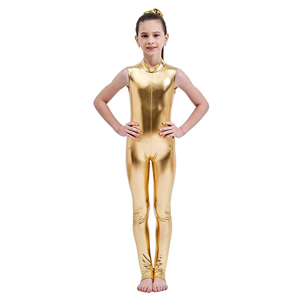 Kids Dance Unitard – Mock Neck – Shiny Metallic Fabric – Metallic | KIMLUD