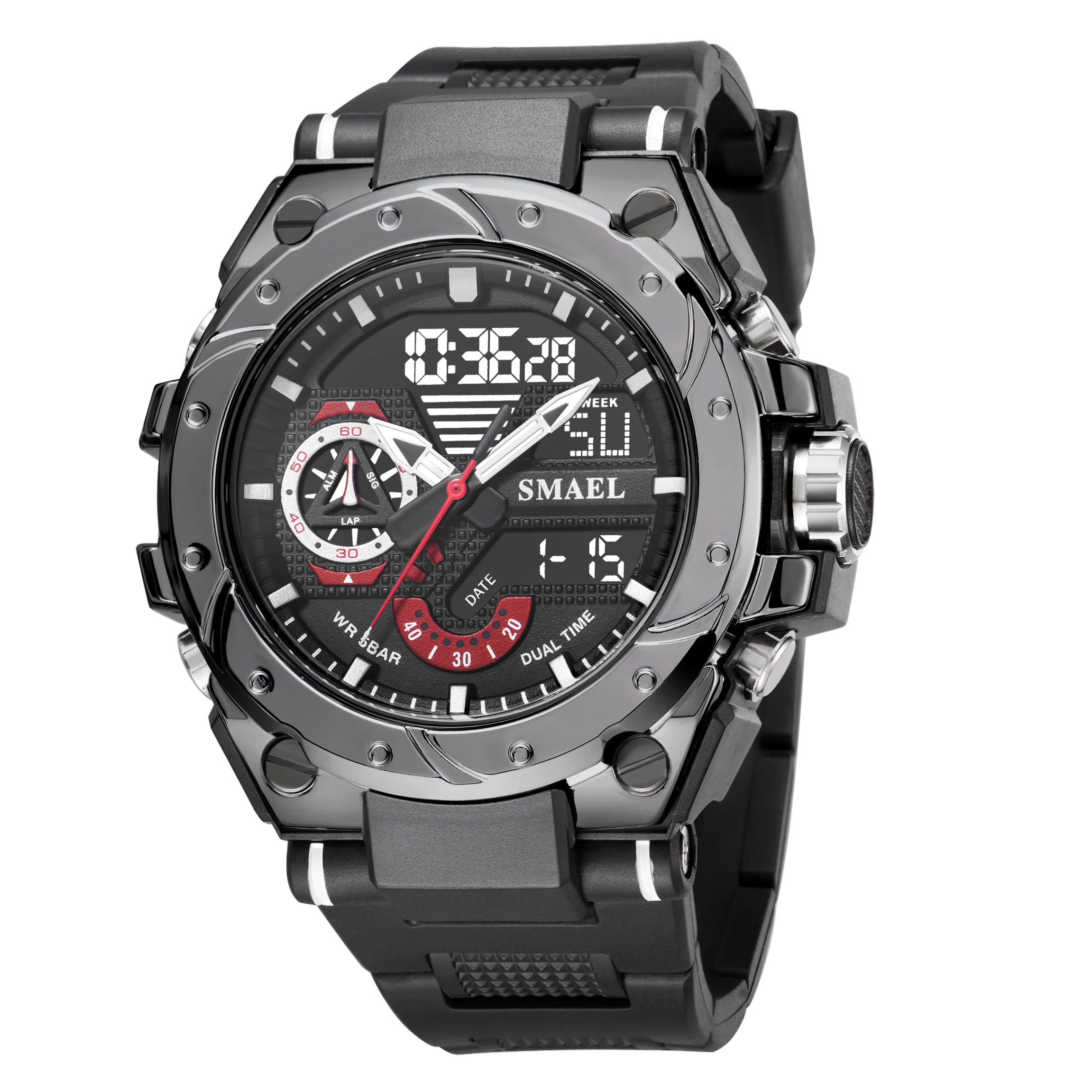 KIMLUD, Quartz Watch For Men SMAEL Wristwatches Watcholorful Red Bracelet 50M Waterproof Alarm Clock Analog Digitals 8060 Sport Watches, BLACK / China, KIMLUD Women's Clothes