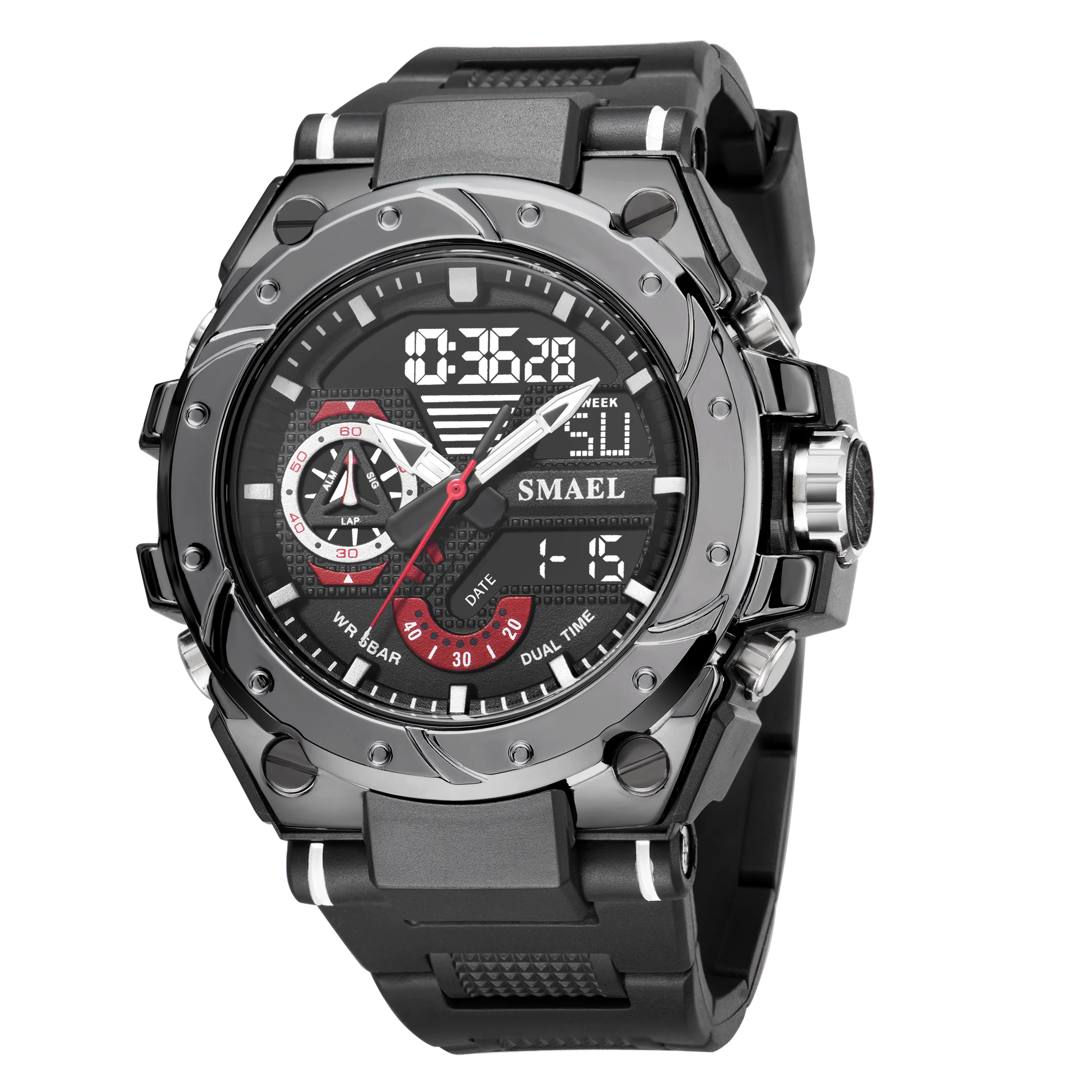 KIMLUD, Quartz Watch For Men SMAEL Wristwatches Watcholorful Red Bracelet 50M Waterproof Alarm Clock Analog Digitals 8060 Sport Watches, BLACK / China, KIMLUD APPAREL - Womens Clothes