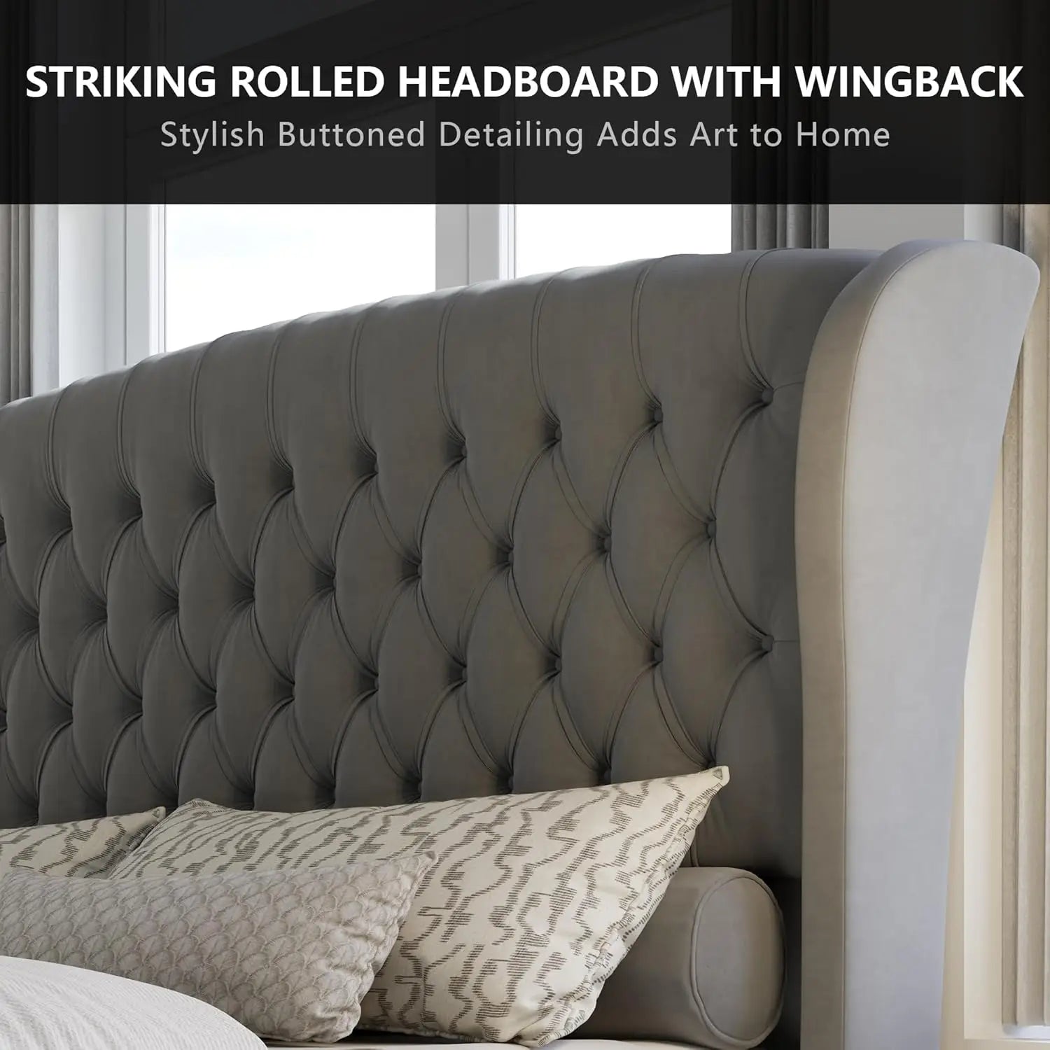 Velvet Upholstered Tufted Sleigh Bed — Gray | KIMLUD