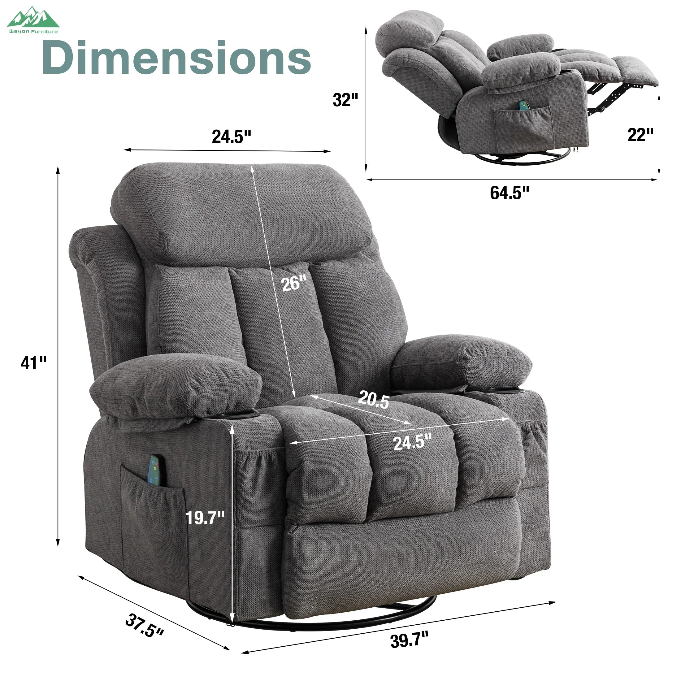 Metal Frame Recliner With Heated Massage USB Port — Gray | KIMLUD