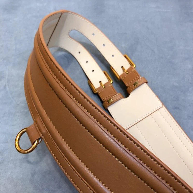 Light gold double needle buckle  wide waist seal leather women's wide belt suit coat decoration Waist Wide Belt