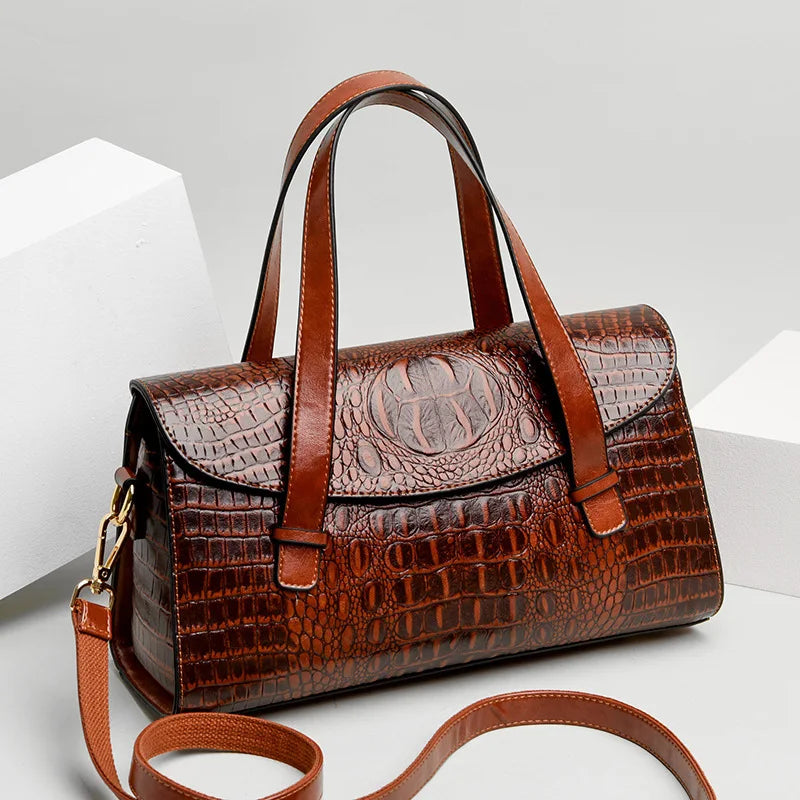 PU Leather Top-Handle Tote Alligator Crossbody — Black | KIMLUD