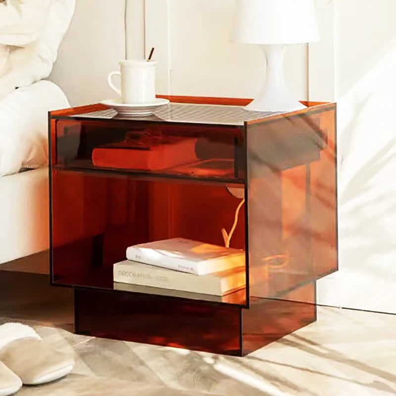 Acrylic Bedside Table With LED Lamp — Brown | KIMLUD