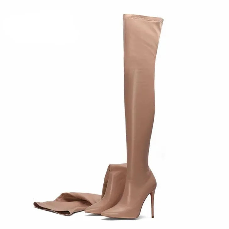 Western Style Skintight Slip-on Big Size 45 Women Thigh High Boots Thin Heel Pointed Toe Stretch Sexy Long Booties for Ladies