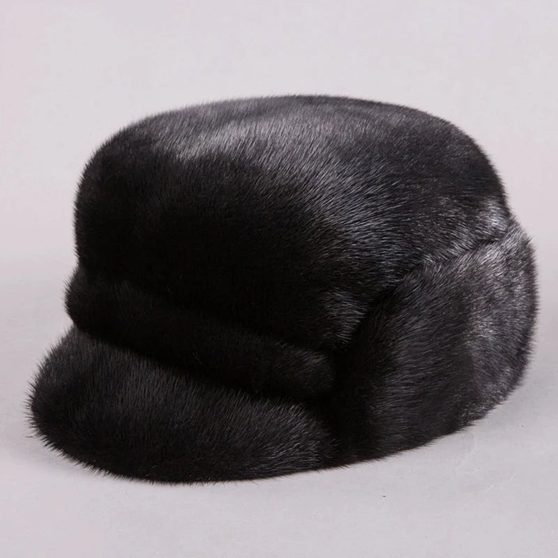 Genuine Leather Aviator Hat With Full Mink Fur — Black | KIMLUD
