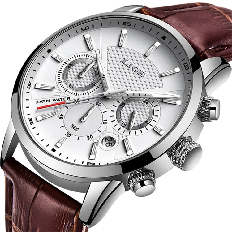 For LIGE 9866 New Men's Fashion Sport Quartz Watch Waterproof Business Dial Pointer Brand Leather Strap Alloy Relogio Masculino