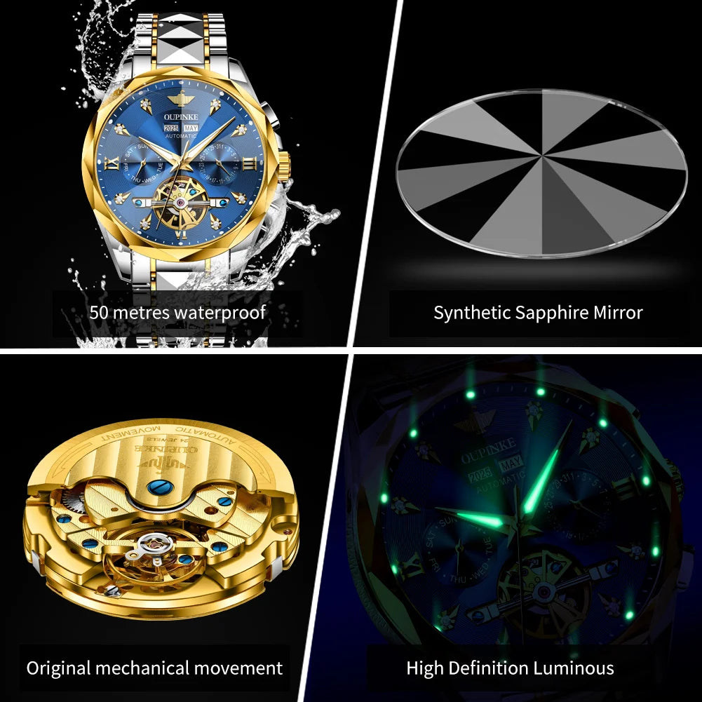 Oupinke 3316 Oem logo Hollow Design Business Tourbillon Waterproof Stainless Steel Luminous  Automatic Mechanical Watch for Man