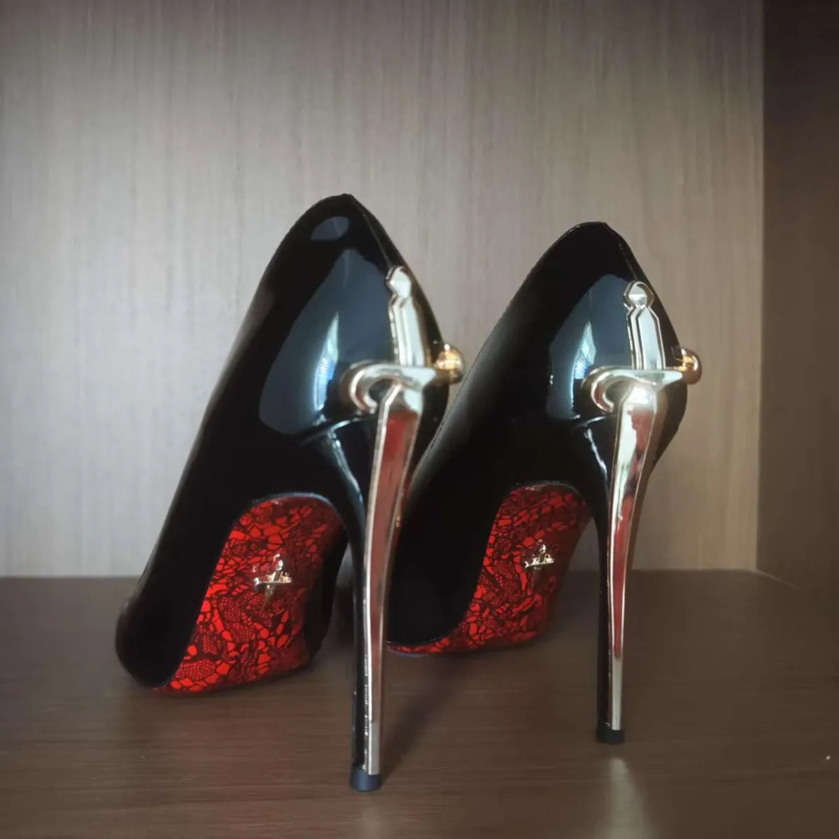 Microfiber Stiletto Open-Toe Red Bottom — Black | KIMLUD