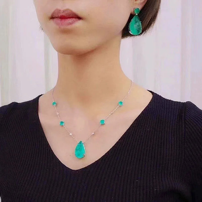 ZOCA Paraiba Tourmaline Emerald Lab Big Stone Earrings 925 Sterling Silver Jewelry Set Gift Women Water Drop Pendant Design