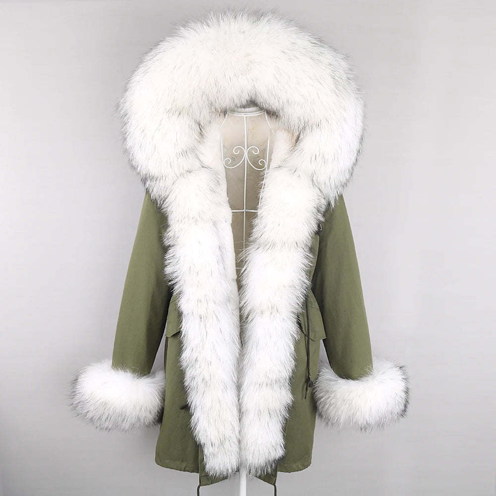 2024 Winter Jacket Women Natural Raccoon Fur Collar  Real Fur Coat Color matching Hood Cuffs Thick Warm Outerwear New Long Parka