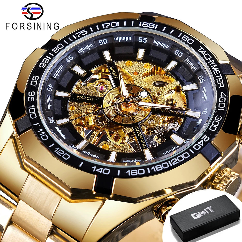 Forsining 2025 Stainless Steel Waterproof Mens Skeleton Watches Top Brand Luxury Transparent Mechanical Sport Male Wrist Watches