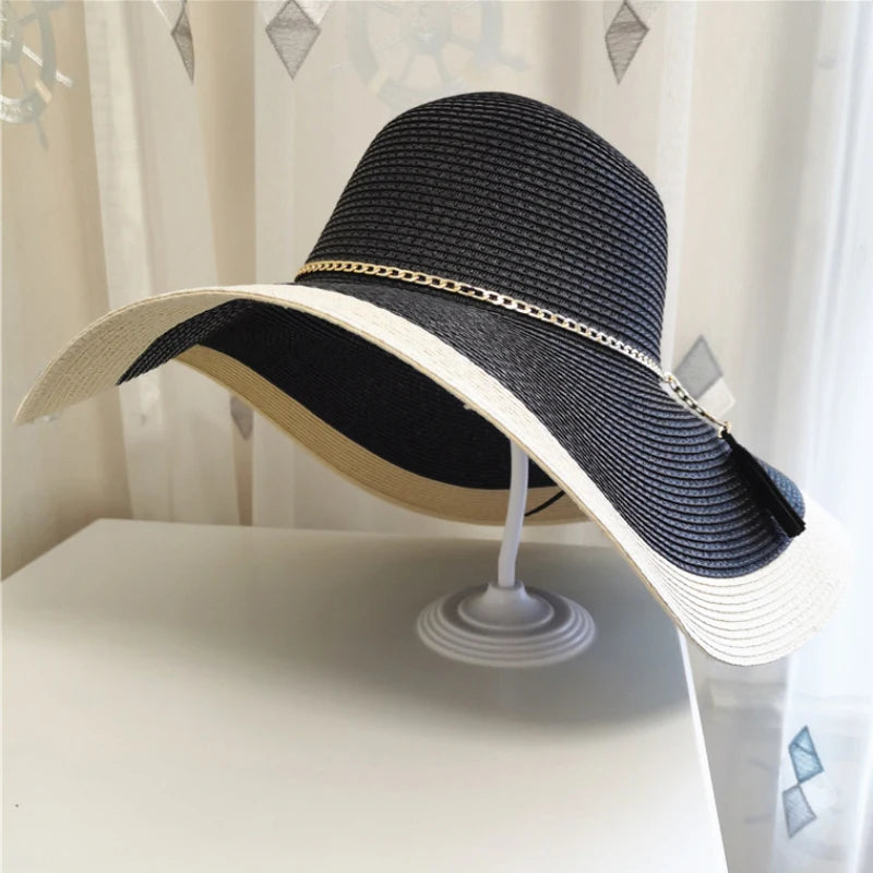 HT3547 Summer Hat Women Large Wide Brim Beach Hat Lady Patchwork Packable Straw Hat Female Fashion Anti-UV Beach Cap Panama Hat
