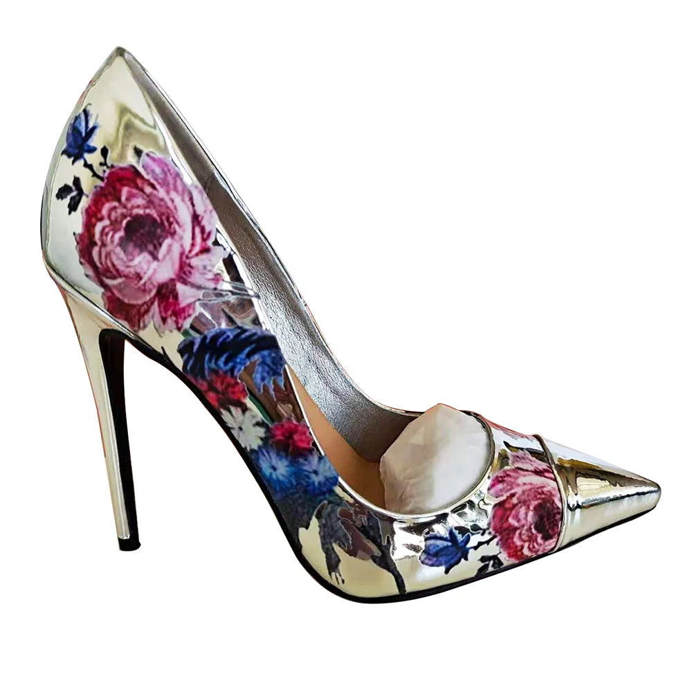 Patent Leather High Heels Pointed Toe With Intricate 3D Flower Motif — Silver | KIMLUD