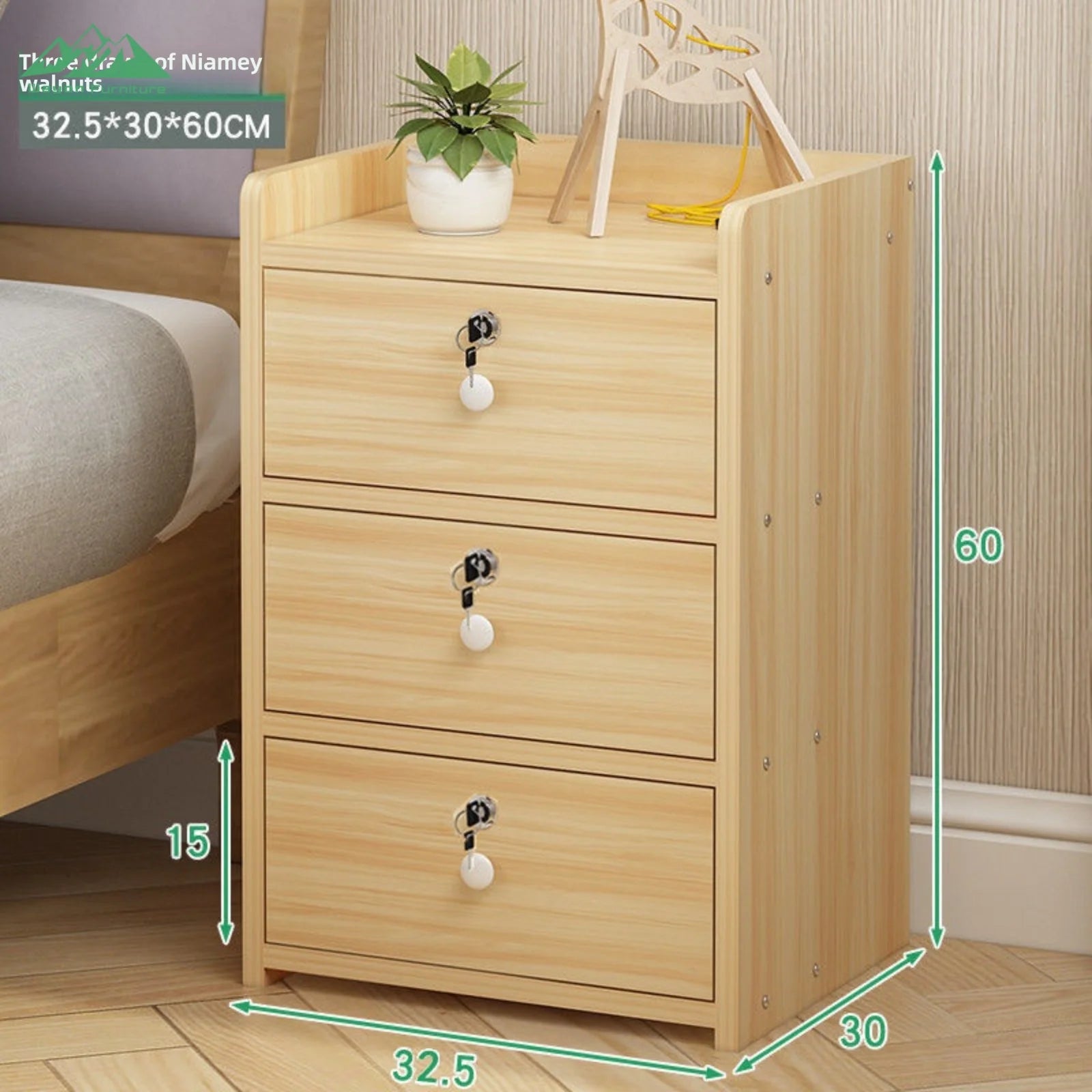 Solid Wood Bedside Cabinet With Lockable Drawers — Natural Light Wood | KIMLUD