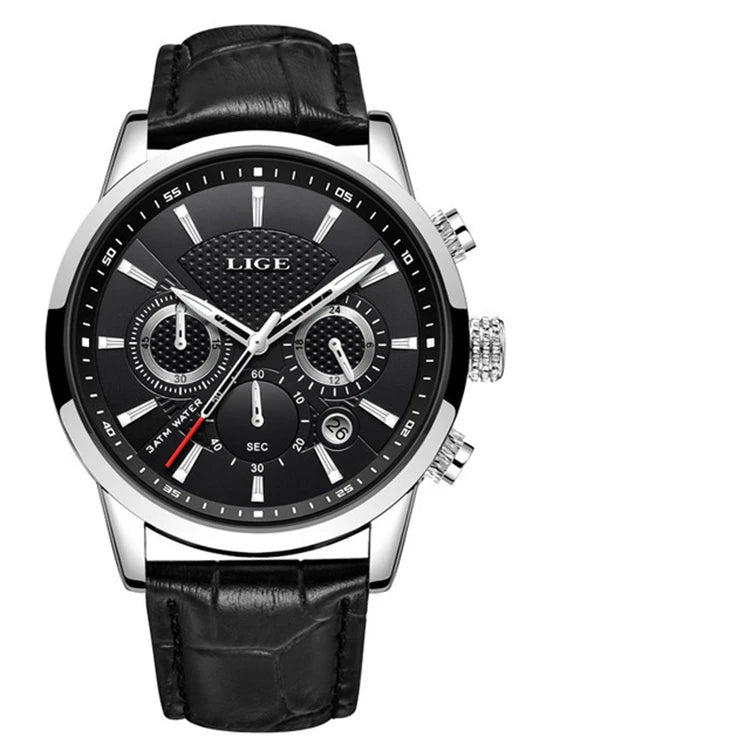 For LIGE 9866 New Men's Fashion Sport Quartz Watch Waterproof Business Dial Pointer Brand Leather Strap Alloy Relogio Masculino