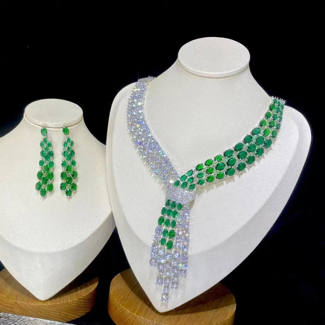 ASNORA - Luxury Blue 2 Piece Tassel Necklace Cubic Zircon Jewelry Set Women Wedding European Party Jewelry Set X0140