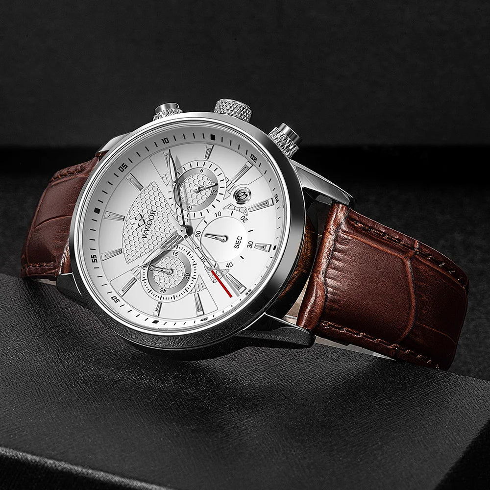 2024 New WWOOR Design Men Watches Top Brand Luxury Waterproof Leather Quartz Wristwatch Sports Chronograph Relogio Masculino+Box