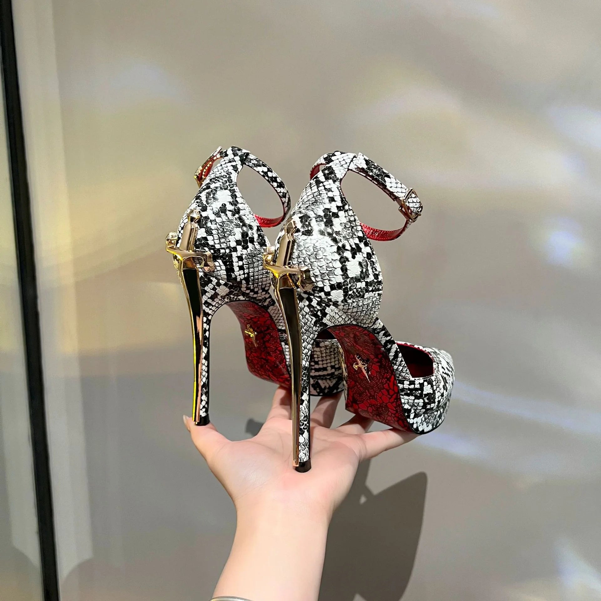 Patent Leather Sandals High Stiletto Heel Red Sole — Gold | KIMLUD