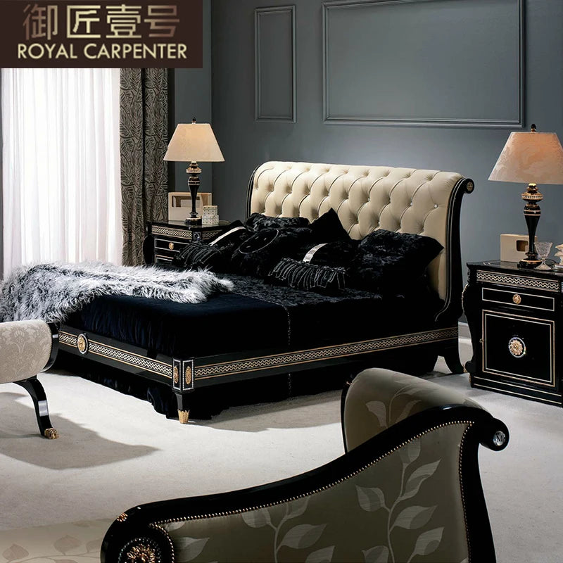 European Style Solid Wood 1.8m Double Bed Carved Princess Design Leather Bed for Master Bedroom Genuine Leather Soft Wedding Bed