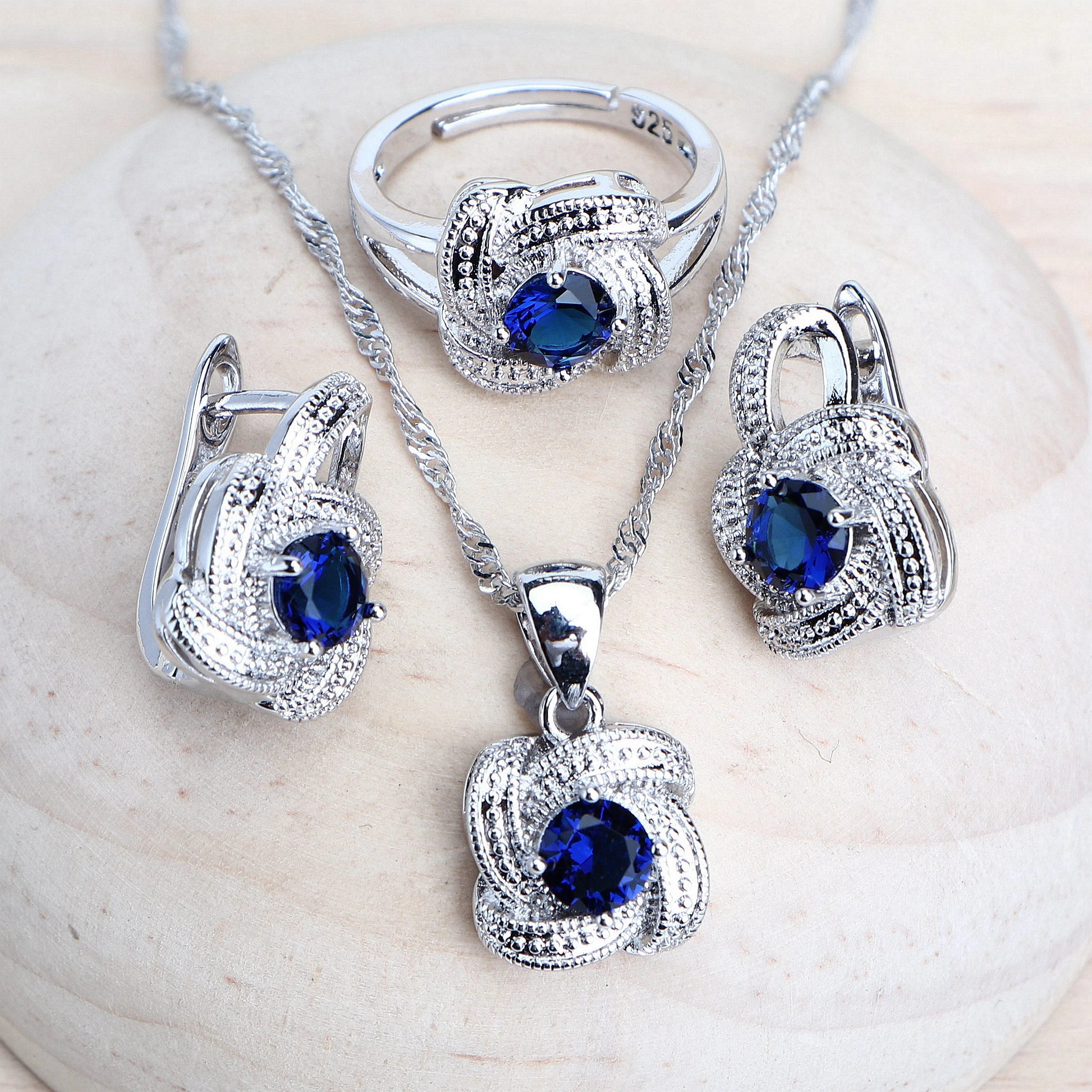 Sterling Silver Jewelry Set Blue Zirconia — Blue | KIMLUD