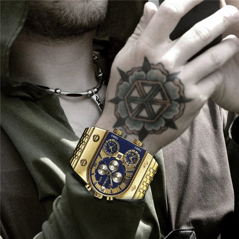 2024 New Oulm Quartz Watches Men Military Wristwatch Luxury Brand Golden Stainless Steel Male Watch Big Relogio Masculino